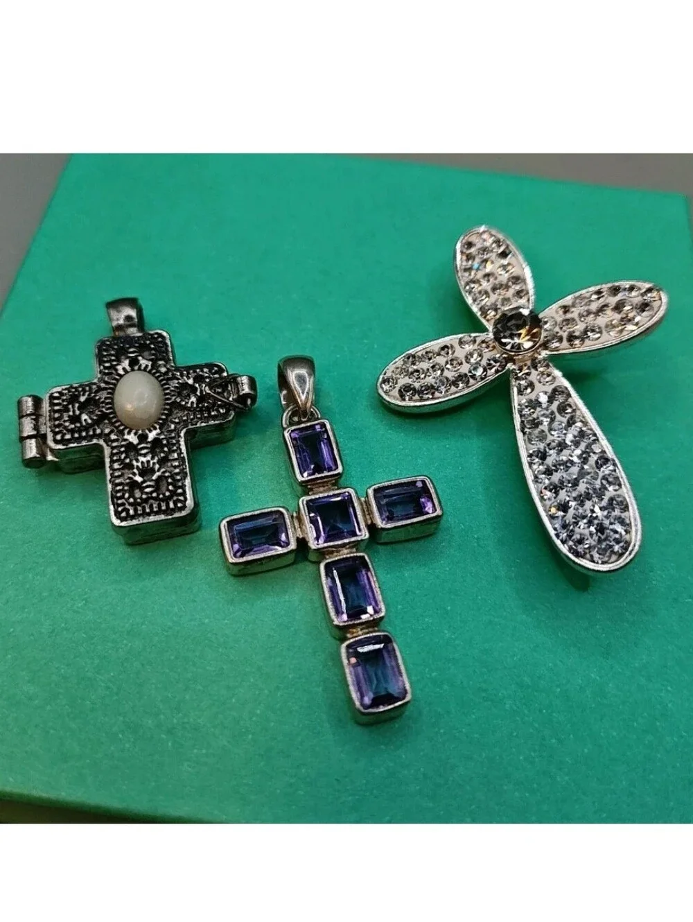Vintage Cross Locket Amethyst Sterling Cross Pendant Rhinestone Cross Brooch LC